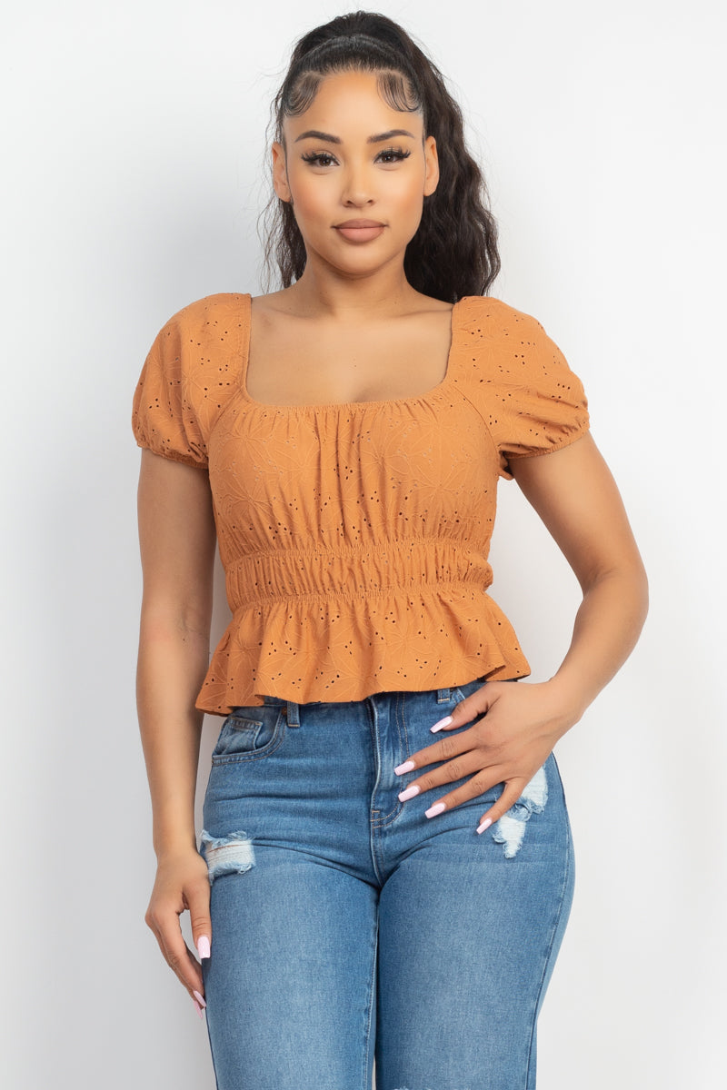 Puff Sleeve Eyelet Peplum Top Look Up Deals