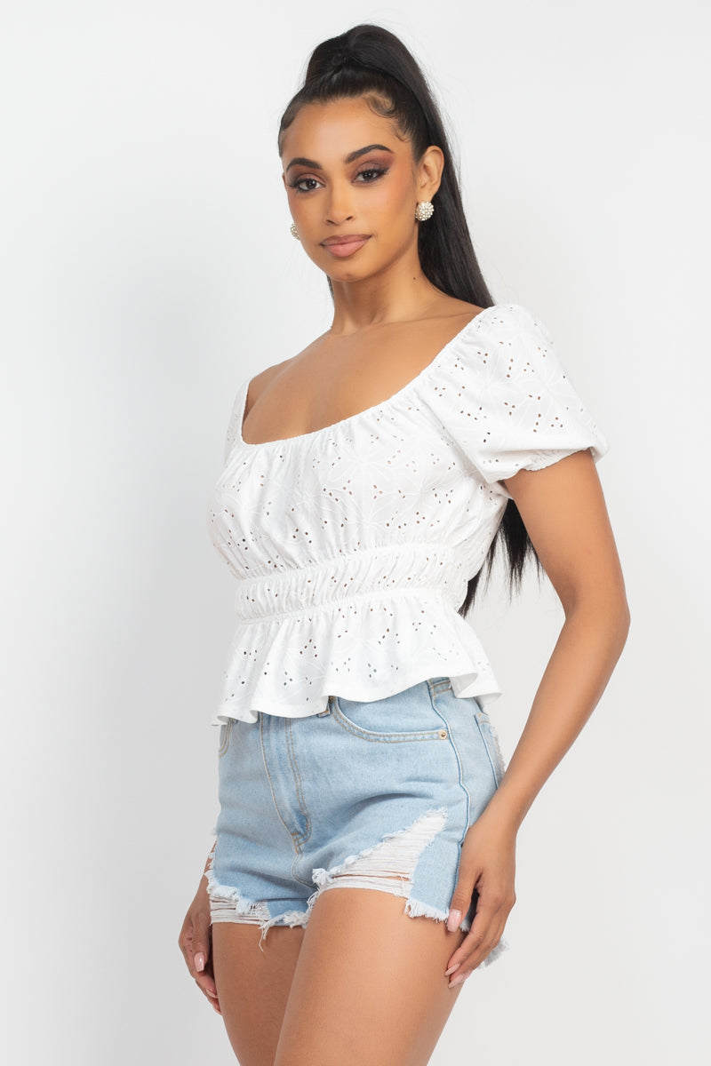 Puff Sleeve Eyelet Peplum Top Look Up Deals