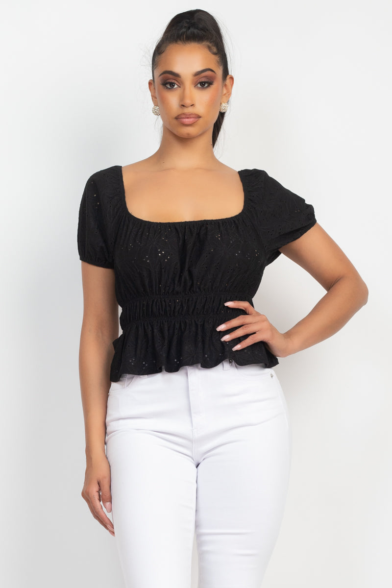 Puff Sleeve Eyelet Peplum Top Look Up Deals