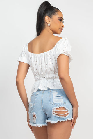 Puff Sleeve Eyelet Peplum Top Look Up Deals