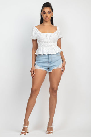 Puff Sleeve Eyelet Peplum Top Look Up Deals