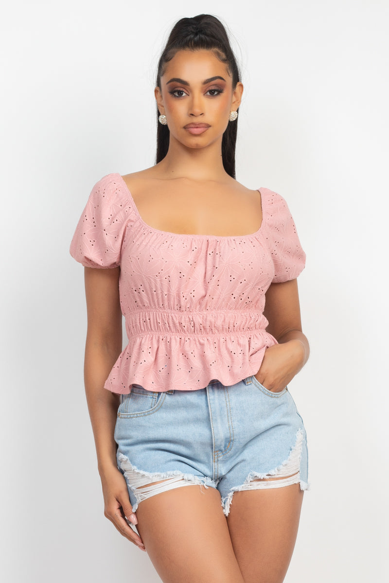 Puff Sleeve Eyelet Peplum Top Look Up Deals