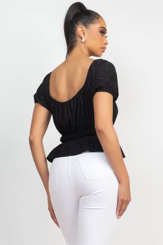 Puff Sleeve Eyelet Peplum Top Look Up Deals