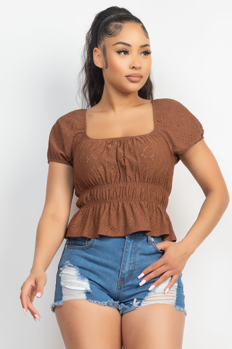 Puff Sleeve Eyelet Peplum Top Look Up Deals