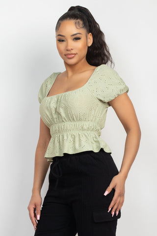 Puff Sleeve Eyelet Peplum Top Look Up Deals