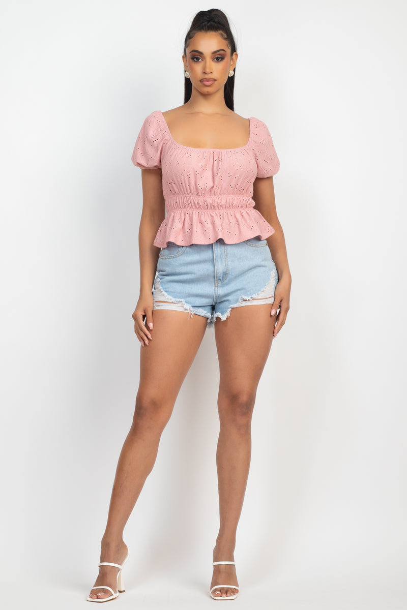 Puff Sleeve Eyelet Peplum Top Look Up Deals