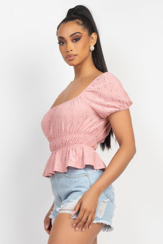 Puff Sleeve Eyelet Peplum Top Look Up Deals