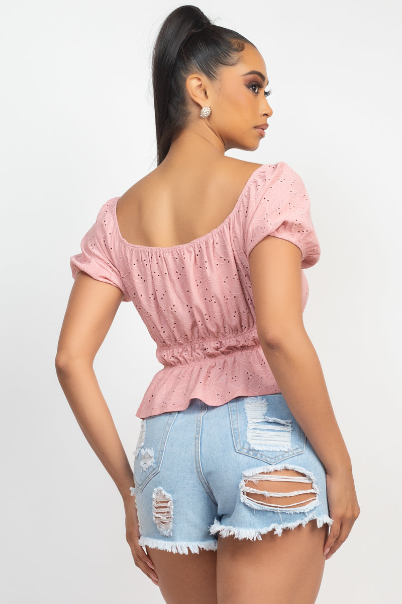 Puff Sleeve Eyelet Peplum Top Look Up Deals