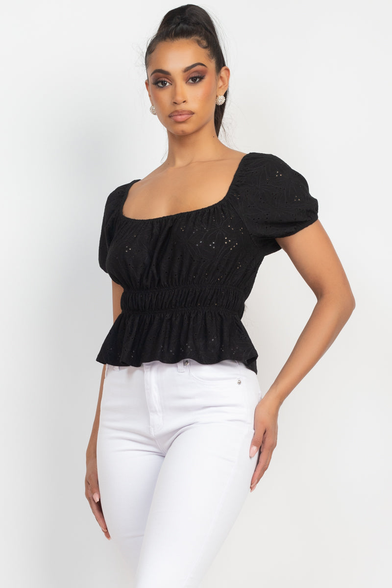 Puff Sleeve Eyelet Peplum Top Look Up Deals