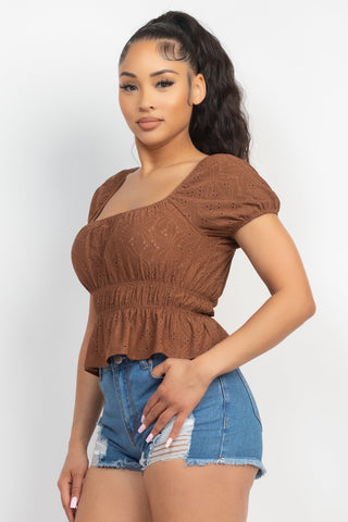 Puff Sleeve Eyelet Peplum Top Look Up Deals