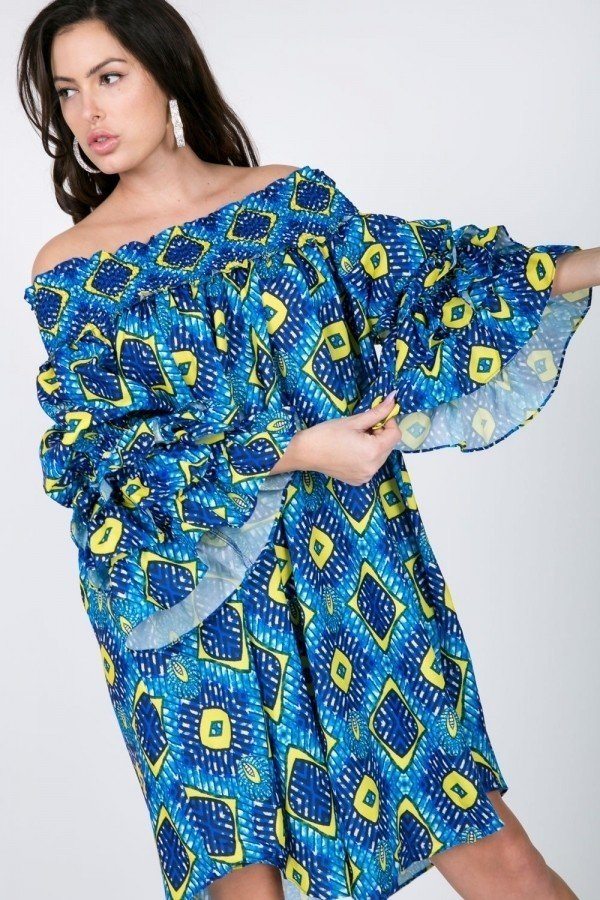 Puffy Ruffle Sleeve Smocking Off Shoulder Print Midi Dress Look Up Deals