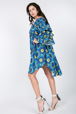 Puffy Ruffle Sleeve Smocking Off Shoulder Print Midi Dress Look Up Deals