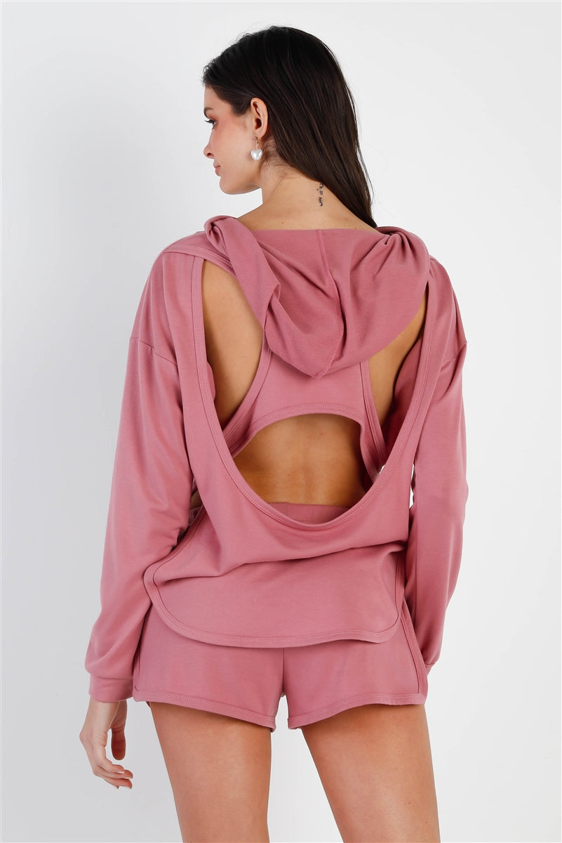 Racer Back Detail Long Sleeve Hooded Top & Short Set Look Up Deals