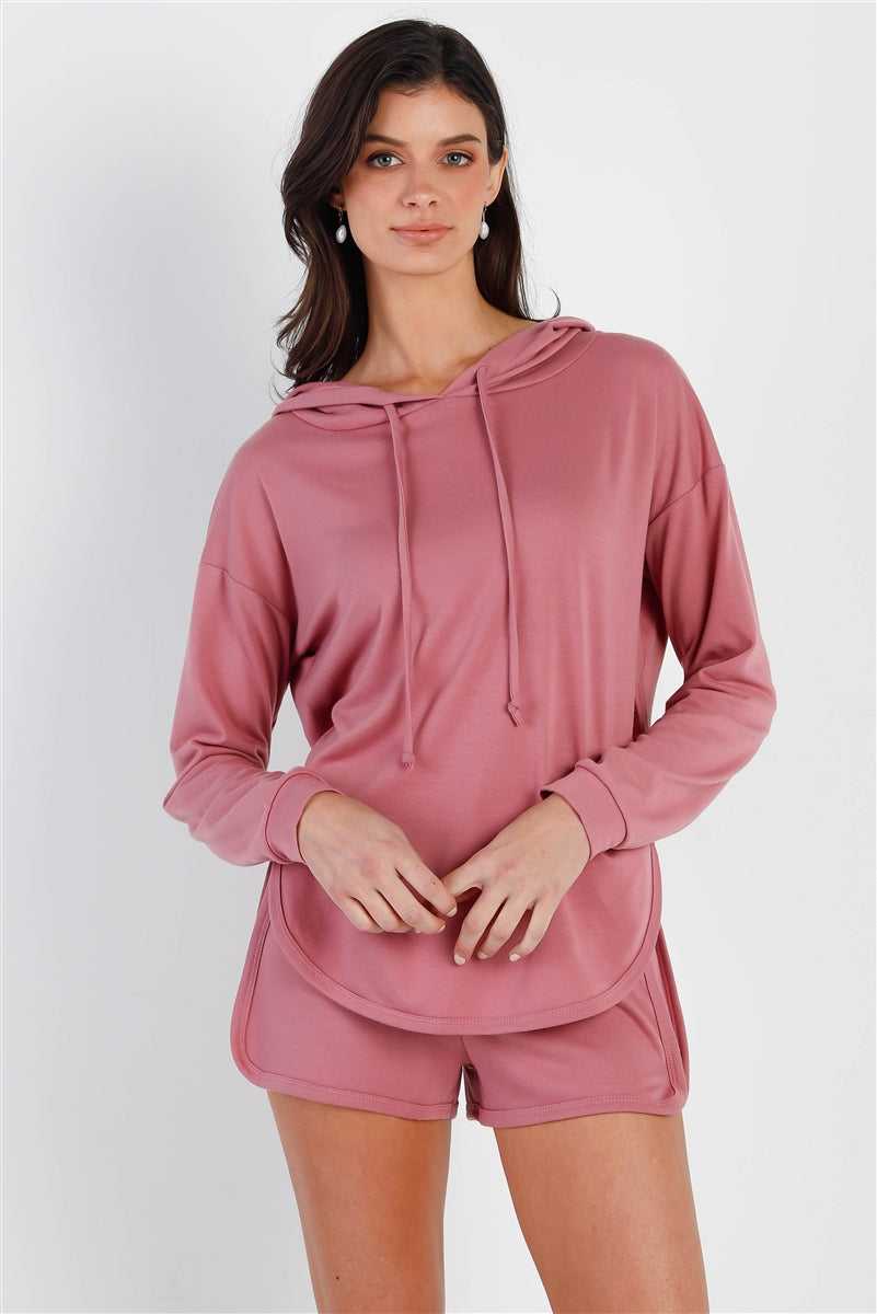 Racer Back Detail Long Sleeve Hooded Top & Short Set Look Up Deals