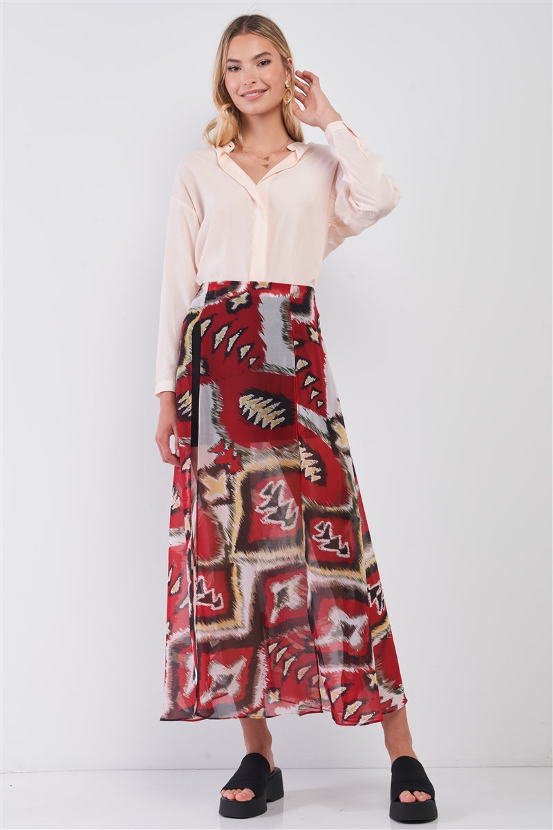 Red & Multi Vintage Graphic Print High-waisted Two Front Slits Maxi Skirt Look Up Deals