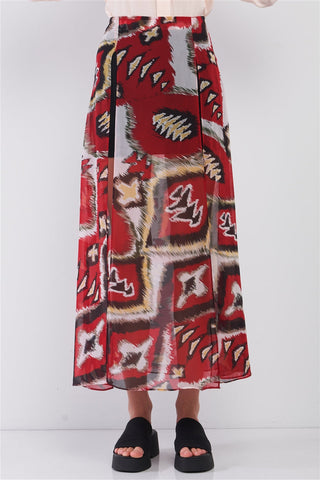 Red & Multi Vintage Graphic Print High-waisted Two Front Slits Maxi Skirt Look Up Deals