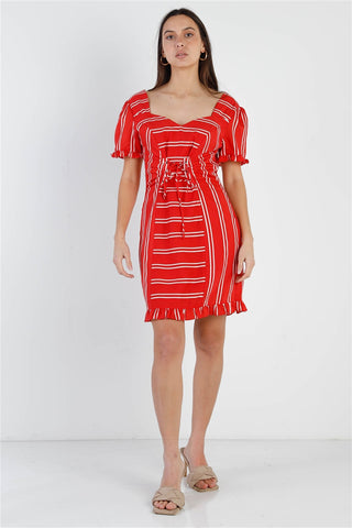 Red Stripe Lace Up Front Detail Ruffle Trim Balloon Sleeve Dress Look Up Deals