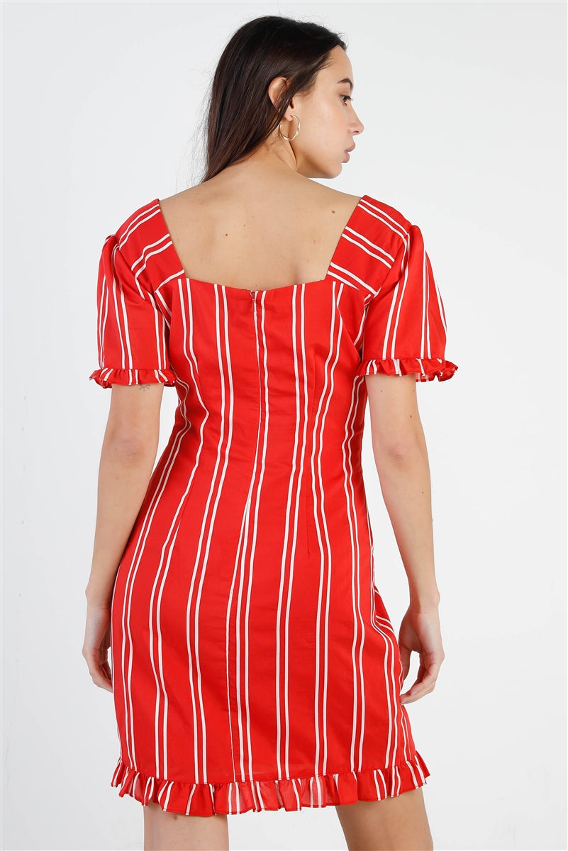 Red Stripe Lace Up Front Detail Ruffle Trim Balloon Sleeve Dress Look Up Deals