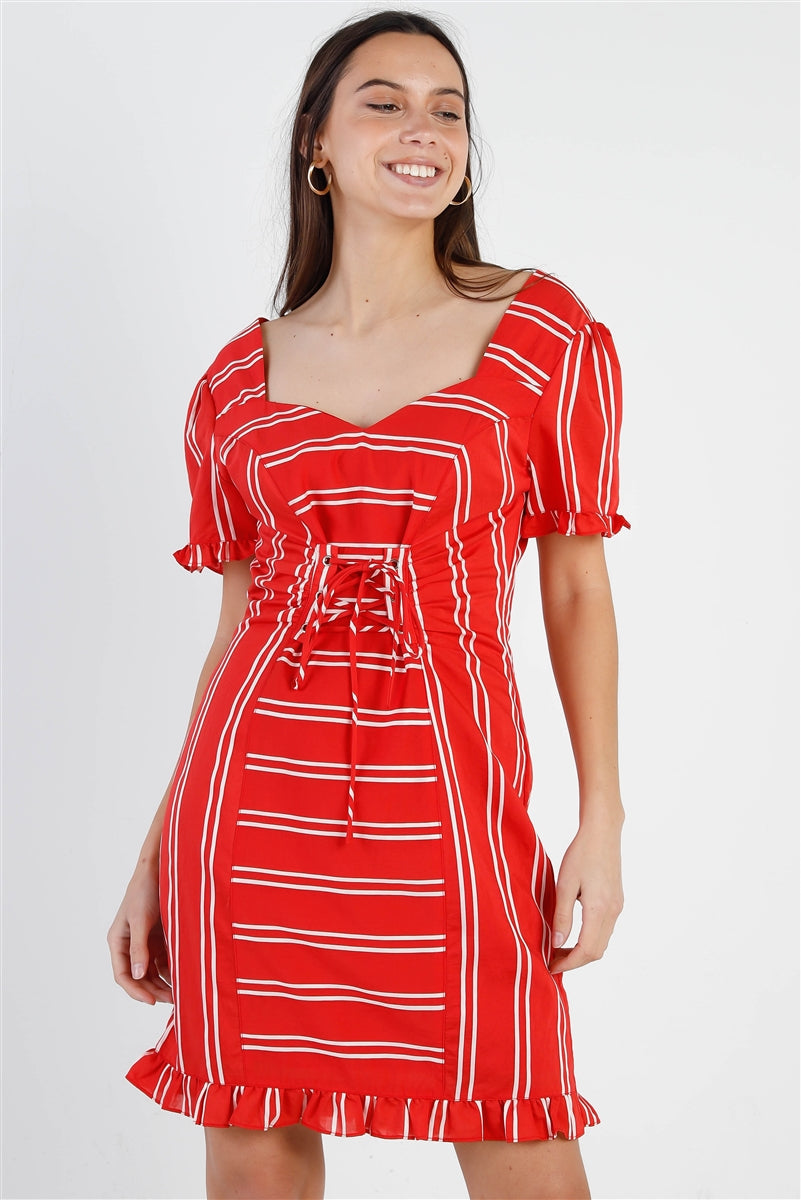 Red Stripe Lace Up Front Detail Ruffle Trim Balloon Sleeve Dress Look Up Deals