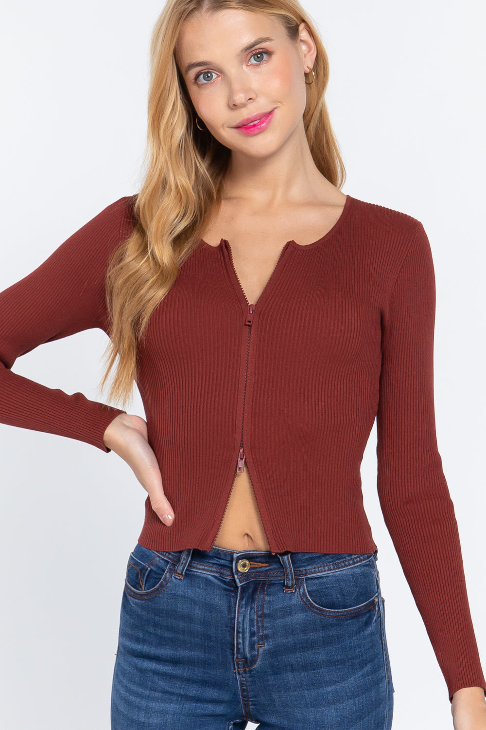 Rib Sweater Top W/front Zipper Look Up Deals