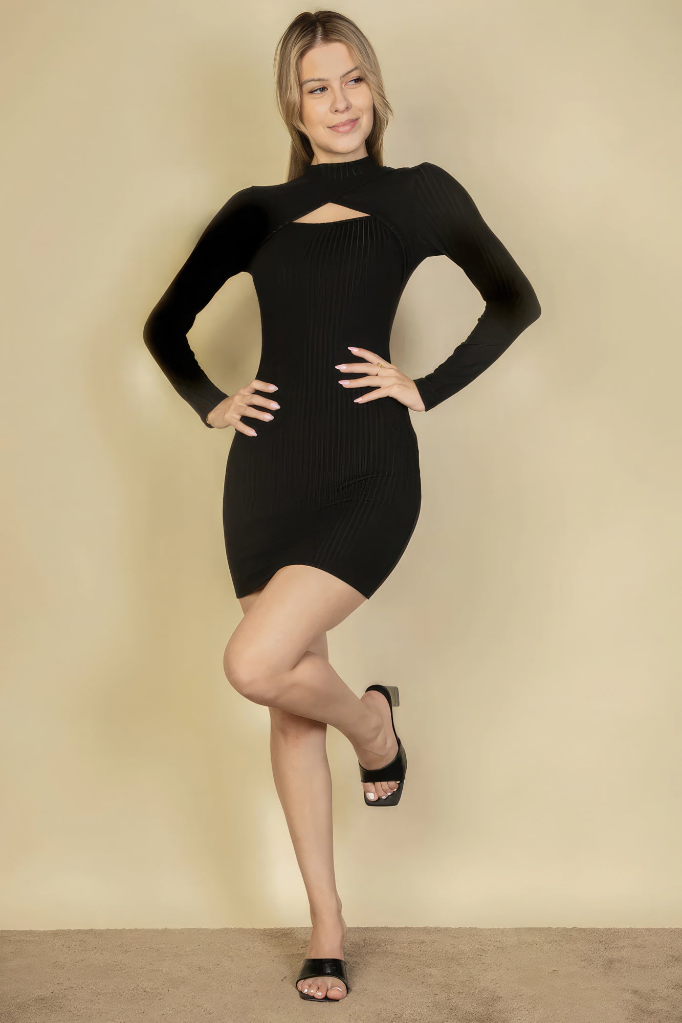 Ribbed Cut Out Front Long Sleeve Bodycon Mini Dress Look Up Deals