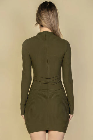 Ribbed Cut Out Front Long Sleeve Bodycon Mini Dress Look Up Deals