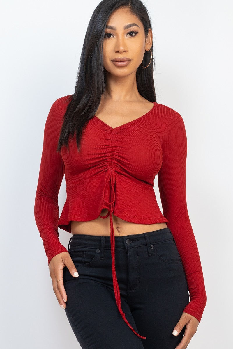 Ribbed Drawstring Front Long Sleeve Peplum Top Look Up Deals