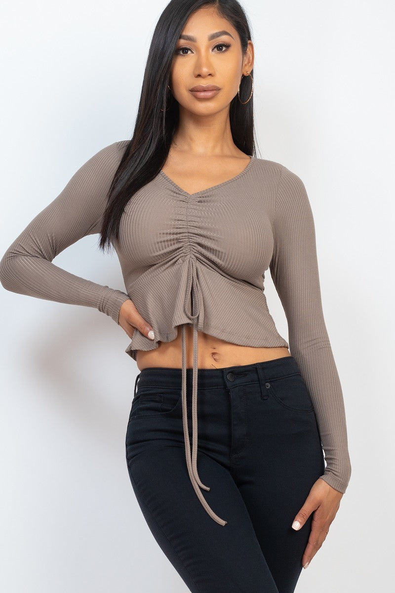 Ribbed Drawstring Front Long Sleeve Peplum Top Look Up Deals