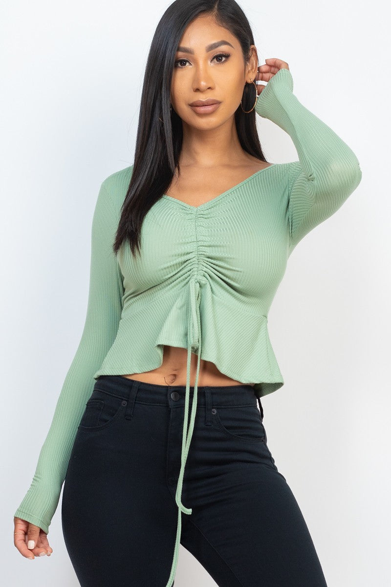 Ribbed Drawstring Front Long Sleeve Peplum Top Look Up Deals