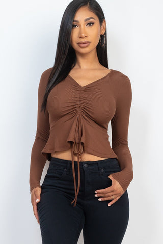 Ribbed Drawstring Front Long Sleeve Peplum Top Look Up Deals