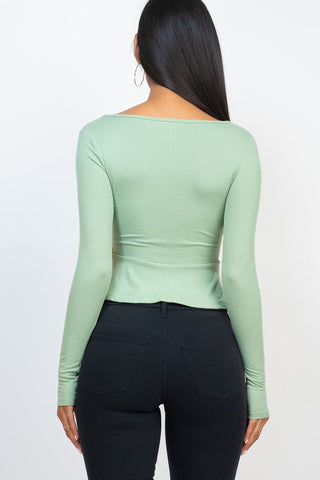 Ribbed Drawstring Front Long Sleeve Peplum Top Look Up Deals