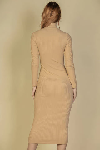 Ribbed Mock Neck Long Sleeve Bodycon Midi Dress Look Up Deals