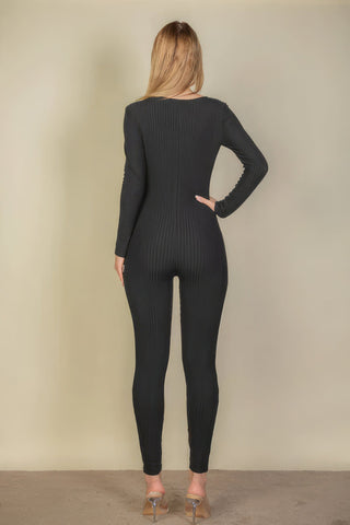 Ribbed Scoop Neck Long Sleeve Jumpsuit Look Up Deals