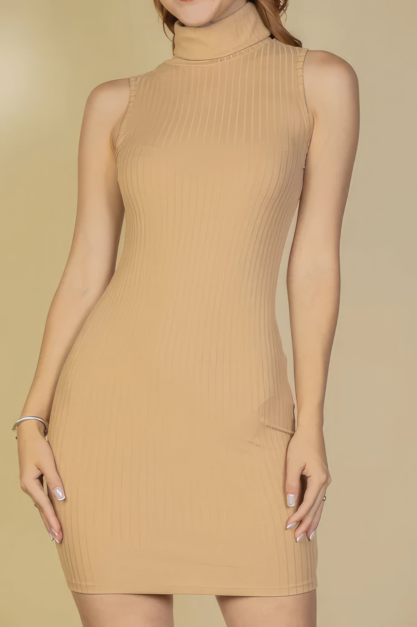 Ribbed Turtle Neck Sleeveless Bodycon Mini Dress Look Up Deals