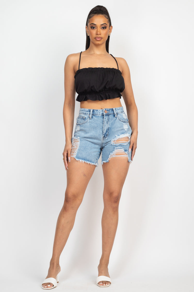 Ripped Five-pocket Mini Denim Shorts Look Up Deals