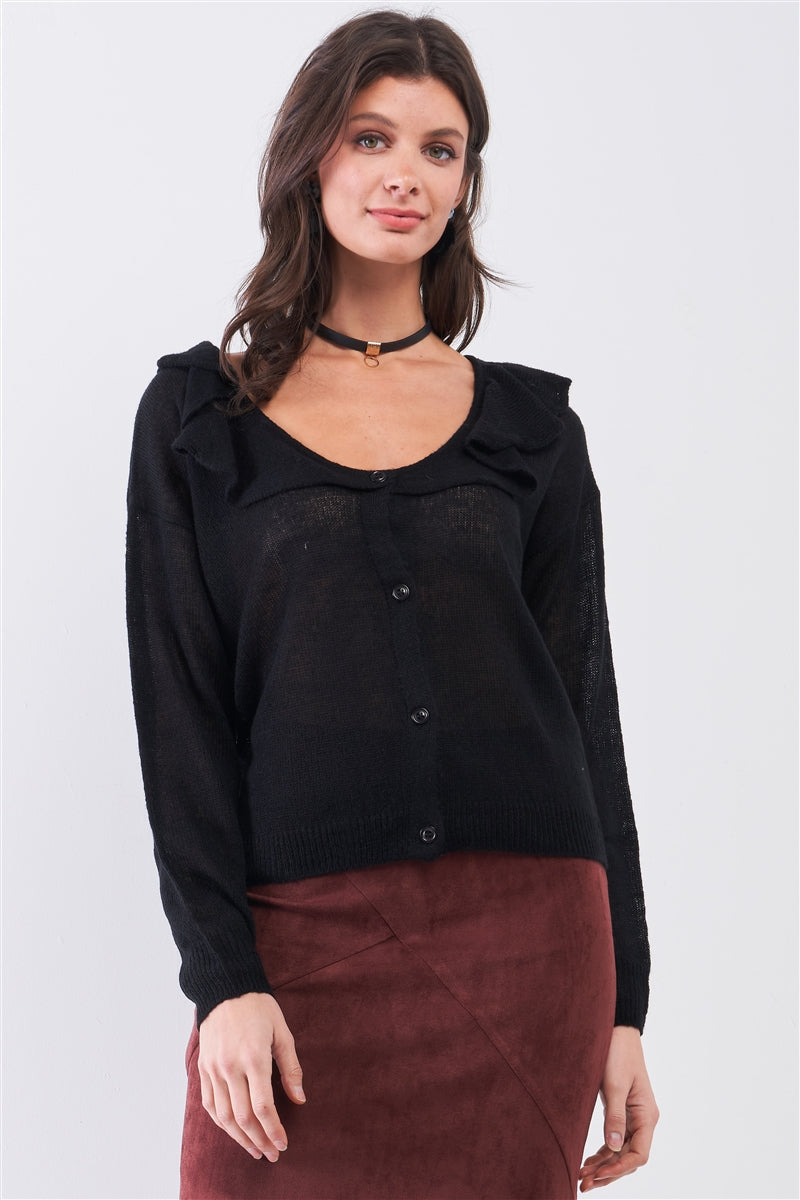 Round Neck Bertha Collar Button-front Cardigan Look Up Deals