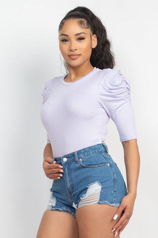 Round Neck Puff Ruched Sleeve Top Look Up Deals