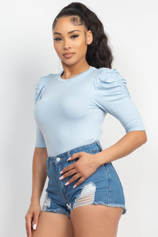 Round Neck Puff Ruched Sleeve Top Look Up Deals