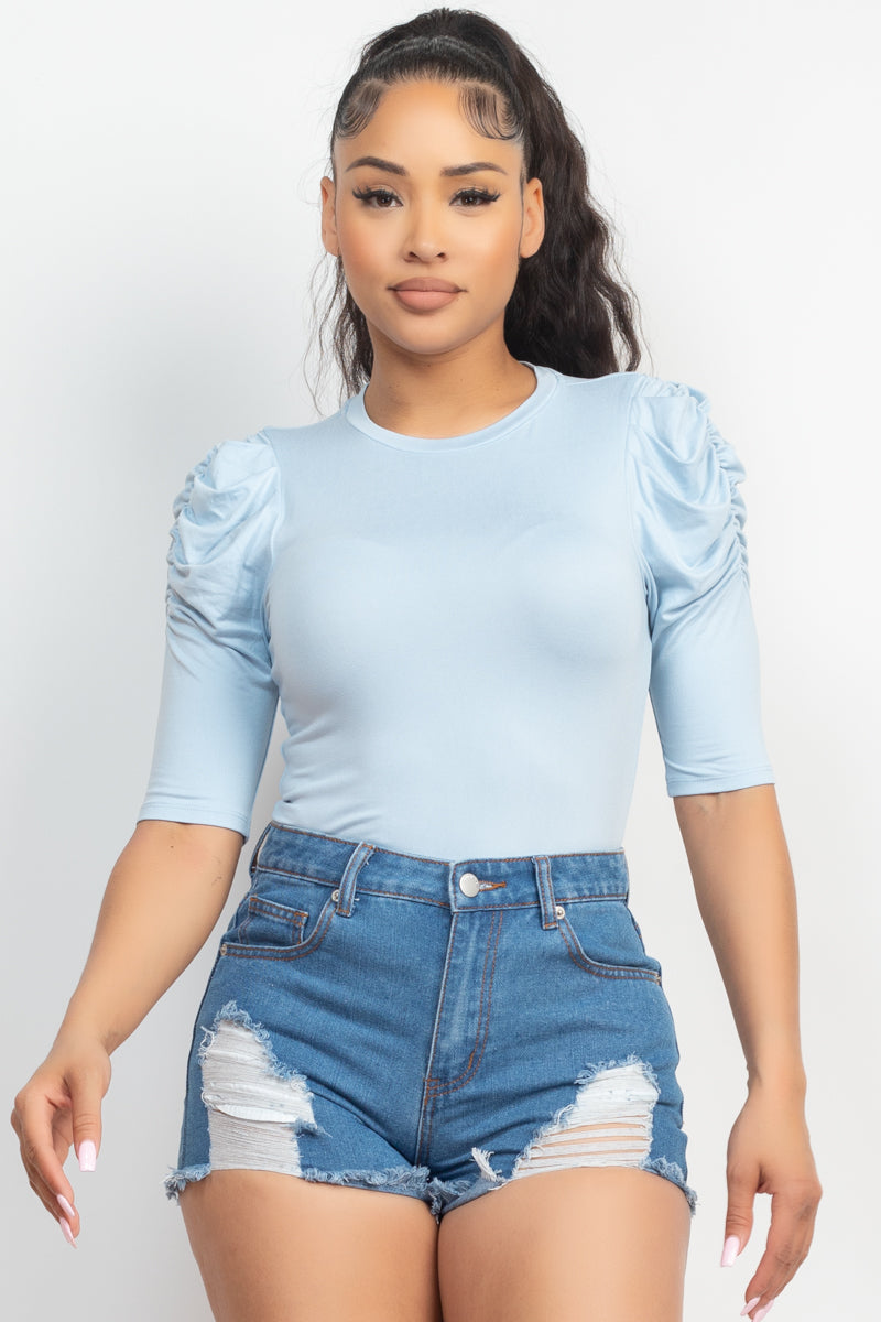 Round Neck Puff Ruched Sleeve Top Look Up Deals