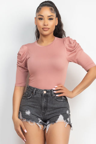 Round Neck Puff Ruched Sleeve Top Look Up Deals