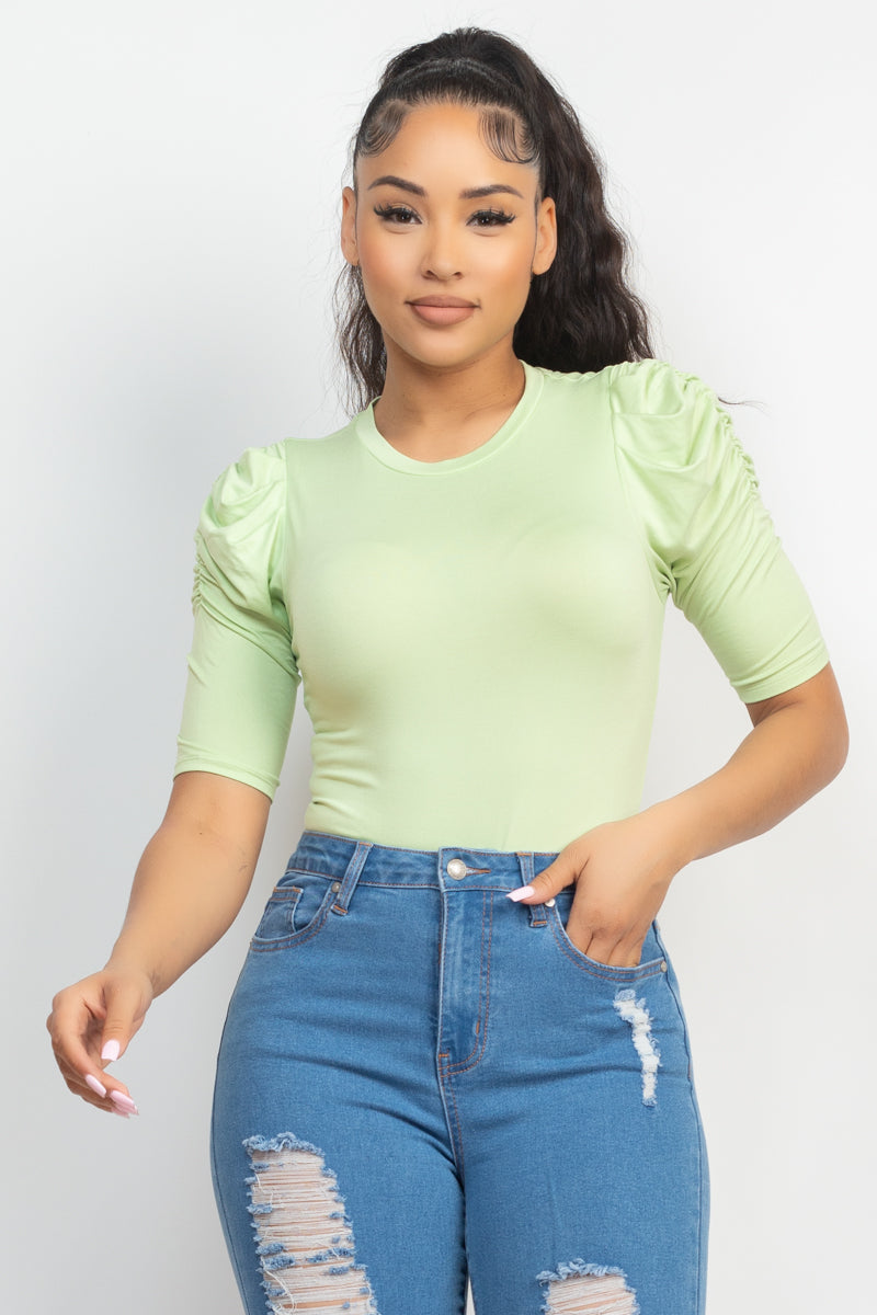 Round Neck Puff Ruched Sleeve Top Look Up Deals