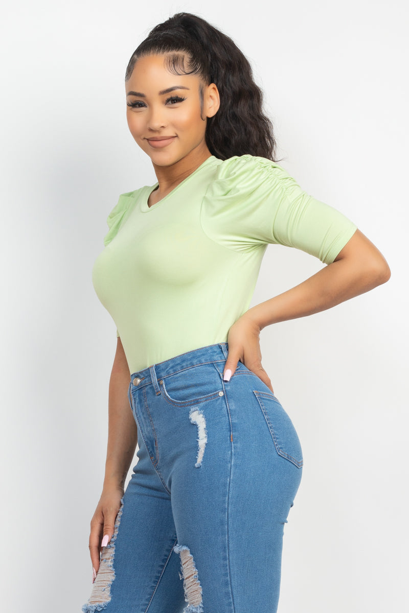 Round Neck Puff Ruched Sleeve Top Look Up Deals