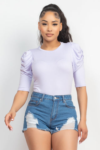 Round Neck Puff Ruched Sleeve Top Look Up Deals