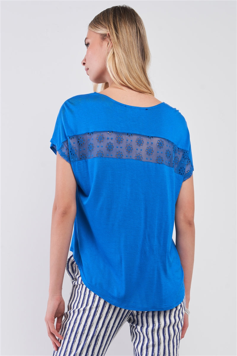 Royal Blue Boat Neck Short Sleeve See-trough Cross Cut-in Detail With Floral Embroidery Top Look Up Deals