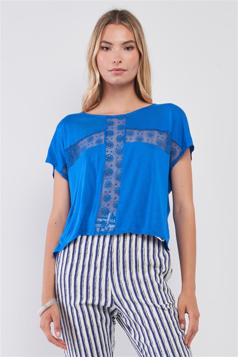 Royal Blue Boat Neck Short Sleeve See-trough Cross Cut-in Detail With Floral Embroidery Top Look Up Deals