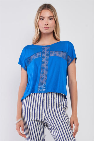 Royal Blue Boat Neck Short Sleeve See-trough Cross Cut-in Detail With Floral Embroidery Top Look Up Deals