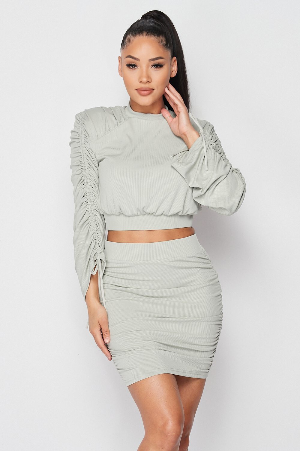 Ruched Long Sleeve And Skirt Set Look Up Deals