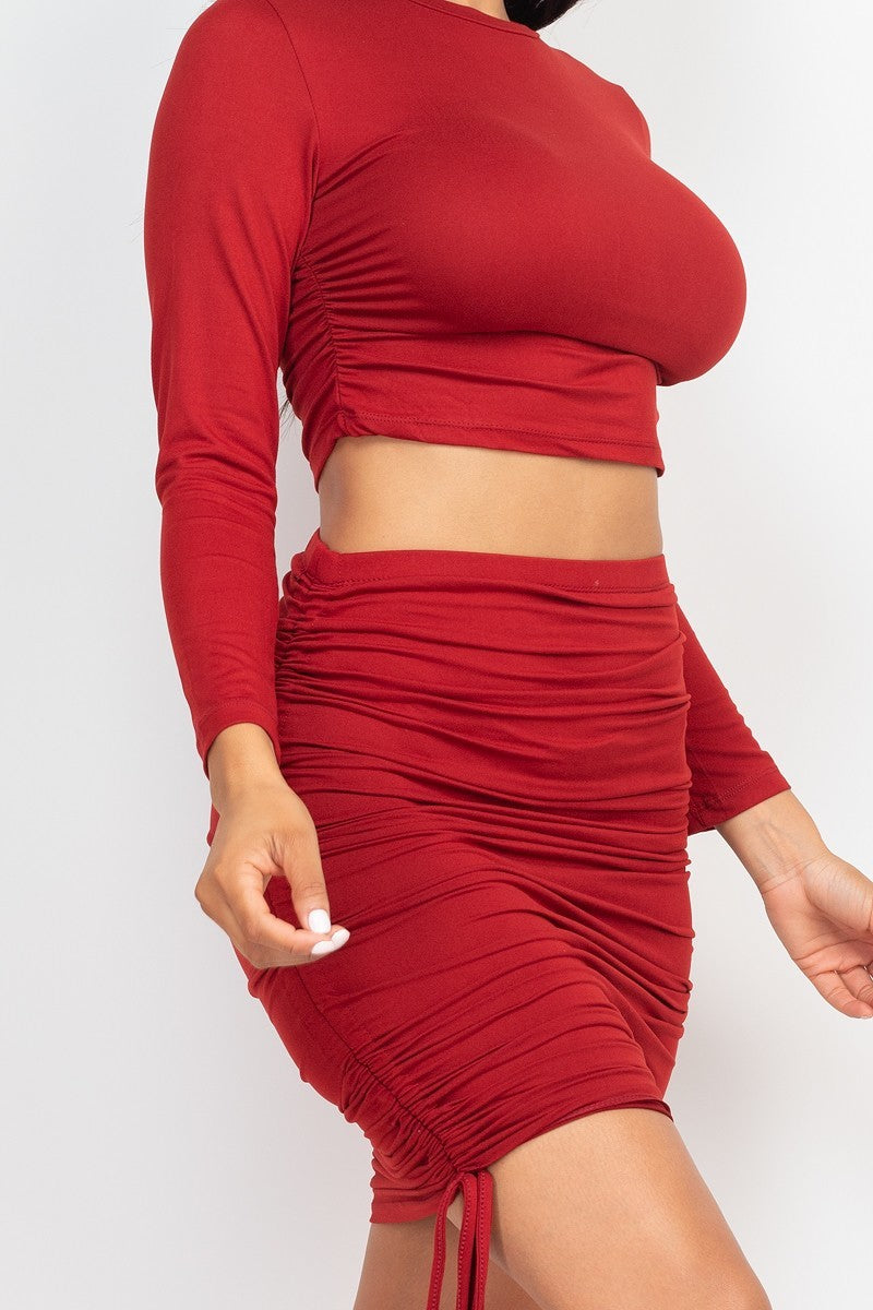 Ruched Side Crop Top & Drawstring Skirt Set Look Up Deals