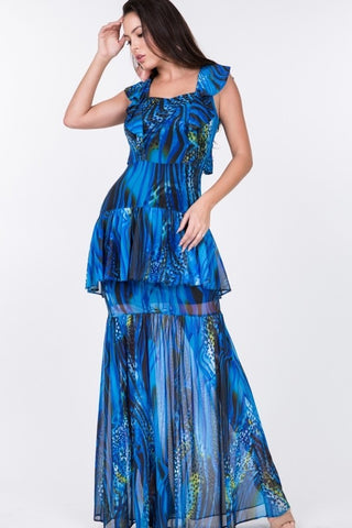 Ruffle Sleeve Tiered Bottom Print Long Dress Look Up Deals