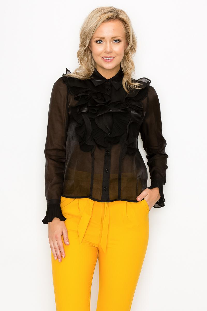 Ruffle Trim Long Sleeve Blouse Look Up Deals